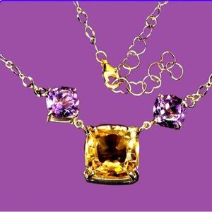 925 Sterling Silver Necklace 17" with Natural  Cushion Citrine 15mm & Amethyst